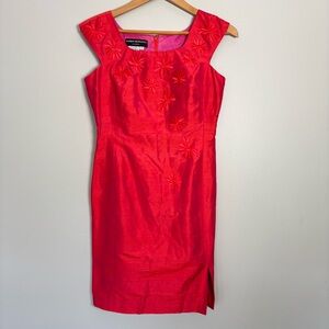 Y2K Donna Morgan Raw Silk Iridescent Sheath Dress-Coral-Embroidered Flowers-4P